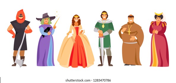 Vector set of medieval royal characters, part 1. Prince and princess, executioner, sorceress, priest and maid of honor