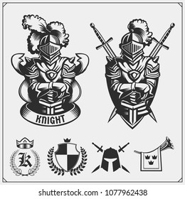 Vector set of medieval warrior knight emblems, logos, labels, badges emblems, signs and design elements.
