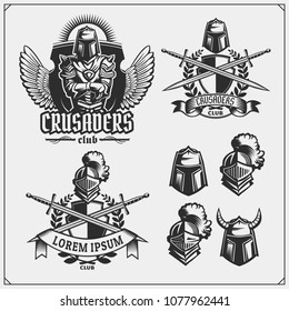 Vector set of medieval warrior knight emblems, logos, labels, badges emblems, signs and design elements.
