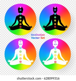 Vector set of meditating man and woman silhouettes with chakra symbols on rainbow color circle background.