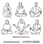 Vector set of meditating people . Stock handwritten illustration for design.