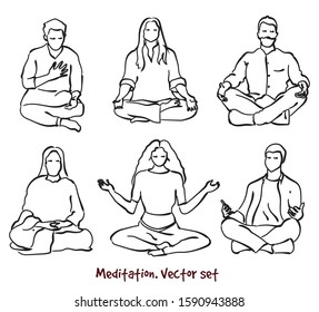 Vector set of meditating people . Stock handwritten illustration for design.