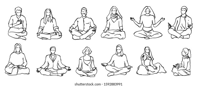 Vector set of meditating people . Stock handwritten illustration for design.