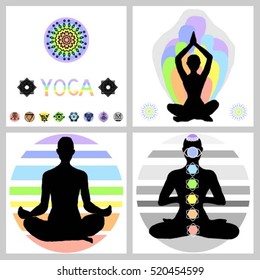 Vector Set of a meditating in yoga position, symbols and design elements.
Lotus pose.
