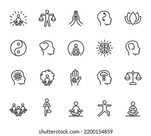 Vector set of meditation line icons. Contains icons mindfulness, balance, inner peace, self-knowledge, group meditation, inner concentration, spiritual practice and more. Pixel perfect.