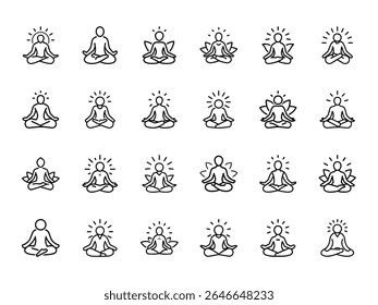 Vector Conjunto de íconos de meditación y atención plena en pose de loto que representan la iluminación espiritual, la paz interior y el bienestar mental en estilo de arte de línea