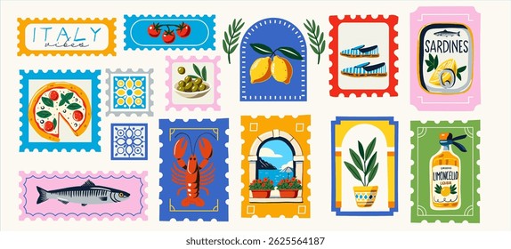 Vector set of Mediterranean food and vacation elements in colorful stamp shapes: lemon, pizza, fish, olives, sea view, window, potted plant, tomato, tile, abstract seafood, ideal for prints and cards