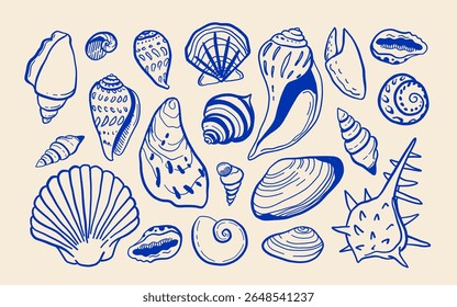 Conjunto vetorial de conchas mediterrâneas no estilo dolce vita, azul no bege, vintage mão desenhado olhar, garra de caranguejo, moluscos, vieiras, concha, verão costeiro estética, ilustração mínima