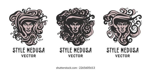 Vector set of medusa style logos. Stylistic black and white gorgon medusa head with tousled hair. Sticker, icon or emblem.