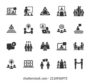Vector set of meeting flat icons. Contains icons video conference, seminar, teamwork, online meeting, webinar, leader, partnership, international meeting, conference and more. Pixel perfect.