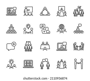 Conjunto de vectores de iconos de la línea de reunión. Contiene iconos de videoconferencia, seminario, trabajo en equipo, reunión en línea, seminario web, líder, asociación, reunión internacional, conferencia y más. Pixel perfecto.