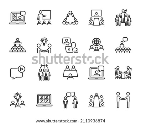 Vector set of meeting line icons. Contains icons video conference, seminar, teamwork, online meeting, webinar, leader, partnership, international meeting, conference and more. Pixel perfect.