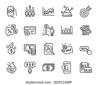 Vector set of Meeting, Sale and Financial app line icons set. Income money, Employee benefits and Buy button icons. Hot offer, Coins banknote and Banking signs. Meeting web symbol. Vector