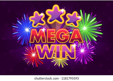 Vector Set MEGA big win banner for lottery or casino games. Shooting colored stars and firework