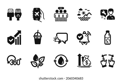 Vector set of Megaphone, Employees group and Security statistics icons simple set. Move gesture, Notification received and Plants watering icons. Megaphone simple web symbol. Vector