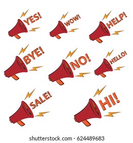 vector set of megaphones with random messages