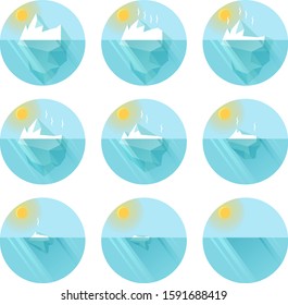 Vector set of melting blue iceberg and glacier under sun, problem of global warming, environment protection concept, izolated icons, flat style