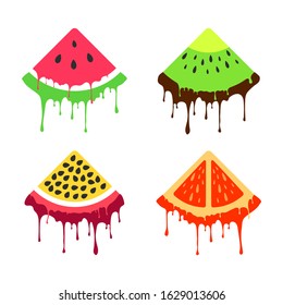 Vector set of melting fruits. Orange, watermelon, passion fruit, kiwi. Summer exotic theme. Ice cream style illustration