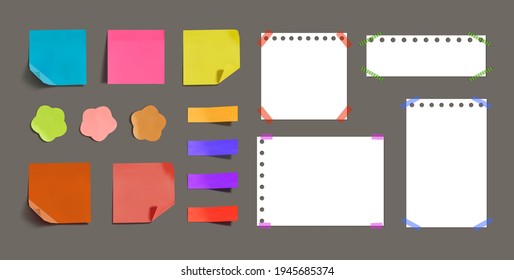 Vector set of memo colorful and white stickers, paper pieces, realistic illustration, blank frame templates.