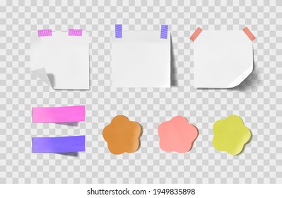 Vector set of memo colorful and white stickers, note paper isolated on light transparent background. 