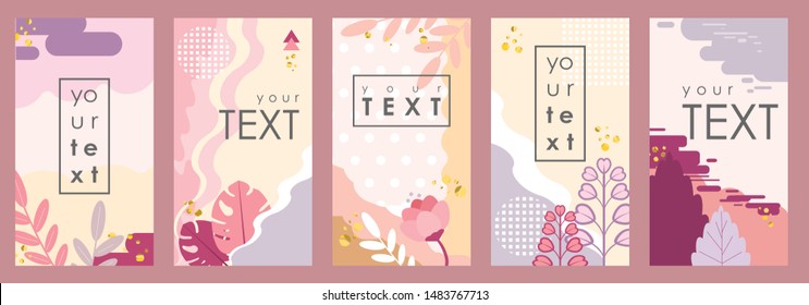 Vector set of Memphis floral backgrounds in minimal trendy style with copy space for text - design templates for social media stories or prints. Simple and trendy abstract designs with floral elements