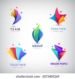 Vector Set Of Men Group Logo, Human, Family, Teamwork Icon. Community, People Signs In Modern Origami Style. Colorful, 3 Person