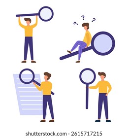 Vector set with men holding magnifying glasses
