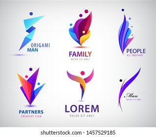 Vector Set Of Men, People Group, Family Logos. Child Adoption Logo Collection And Charitable Foundations, Social Relations 