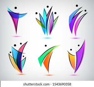 Vector set of men, people group, family logos. set of figure line silhouettes, human, men, sport and dancing signs. Abstract stylized people body