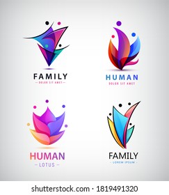 Conjunto de vectores de hombres, grupos de personas, logos familiares. Colección de logotipos para la adopción de niños y fundaciones benéficas, relaciones sociales 