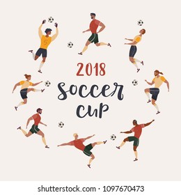 Vector set with men playing sports in athletic poses. Soccer players. Flat illustration.