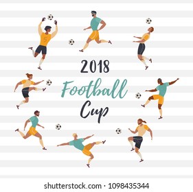 Vector set with men playing sports in athletic poses. Soccer players. Flat illustration.