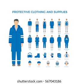 Vector set of men in protective clothes and icons of safety equipment. Flat icons for construction and other industries.