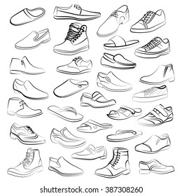 Vector set of men shoes painted lines in minimalism style. Logo or icons collection.