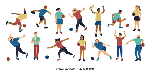 Vector set of men and women dressed in sportswear playing bowling isolated hand drawn cartoon illustration