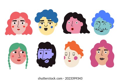 Vector set with men and women heads. Funny print design collection with people