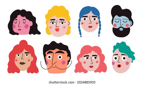 Vector set with men and women heads. Funny print design collection with people