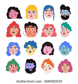 Vector set with men and women heads. Funny print design collection with people