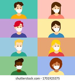 Vektorillustration von Männern und Frauen mit Maske schützt sie vor COVID-19, Abbildung