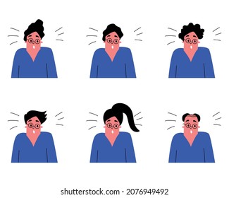Vector set of men and women with surprise on their faces. Surprised people, expressions of emotions. Surprised avatar