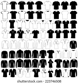 Vector set of men and women wear and fashion, collection of hand drawing t shirt, jersey, wool sweater, polo shirt, dress shirt, hooded sweatshirt, pullover and undershirt. 