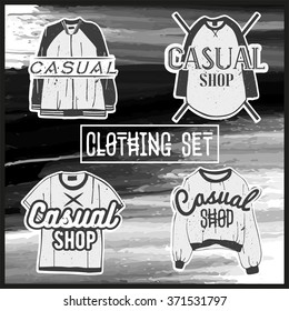 Vector set of men's casual clothes. Fashion collection of man jersey and shirts. Dress labels and design elements in vintage style.