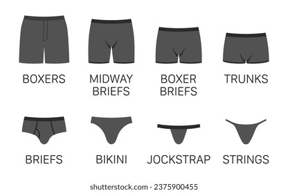 Vector set of mens different type underwear pants, isolated on white background.