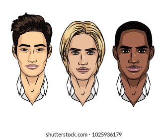 Vector set of men's faces different nationalities. Asian, european, african American type of people appearance. Avatar for different races men