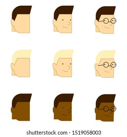 Vector set of men's faces with different hair and skin color.