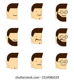 Vector set of men's faces with different beards and mustaches, brunettes, dark-haired. Fashion