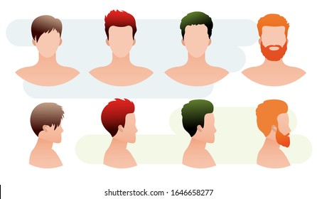 Vector set of men's hairstyles. Isolated male haircuts with different hair colors. Fashionable hairstyle and beard. Barbershop.