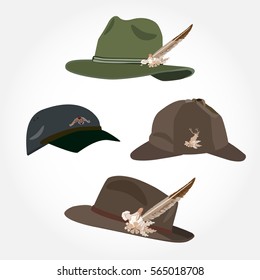 Vector set of men's hats with feather, deerstalker hat and cap isolated on white background. Flat style design.
