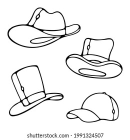 Vector Set Of Men's Hats. Male Headwear. Element Of Clothing Or Accessory. Сowboy Hat, Baseball Cap, Top Hat Doodle Cartoon Outline Style For Coloring Book