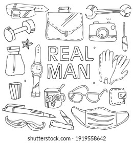 A vector set of men's things with the inscription real man. Set in the style of doodles for Father's Day or for congratulations on international men's Day. February 23